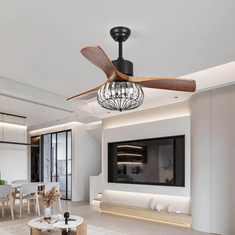 宋代美学灯复古实木风扇灯客厅餐厅玻璃灯罩吊扇灯卧室静音风扇灯