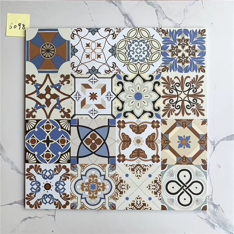 阳台瓷砖地中海仿古卫生间水泥砖地砖黑白复古L厨房小花砖600x600