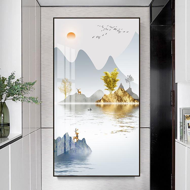 新中式客厅玄关晶瓷装饰画入户门挂画走廊过道竖版壁画有框单幅墙