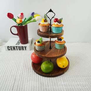 相思木圆形三层托盘果盘木质多层甜品盘简约风陈列架展示盘