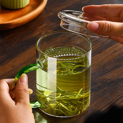 月牙玻璃杯带盖过滤茶杯茶水分离泡绿茶专用杯子R家用耐高温喝水