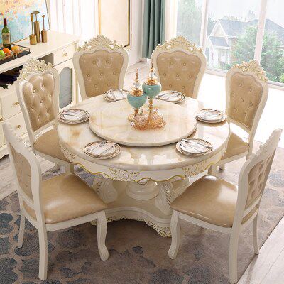 圆形8人吃饭桌法式组合欧式餐桌大理石圆桌带转盘6人椅家用实木