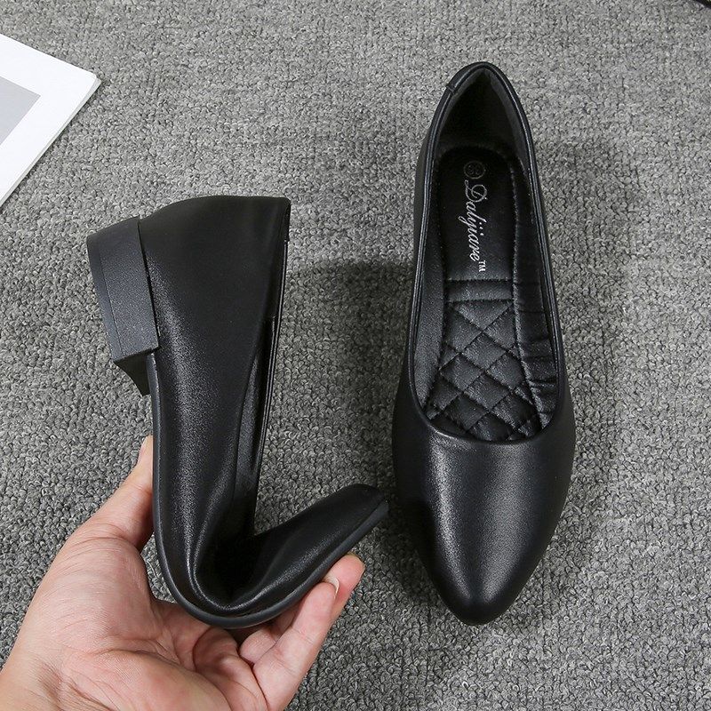 软皮工作鞋女黑色空姐职业上班皮鞋粗跟平底瓢鞋久站不累脚单鞋女,女鞋,浅口单鞋,淘宝优惠券,粉丝福利购,淘宝优惠卷