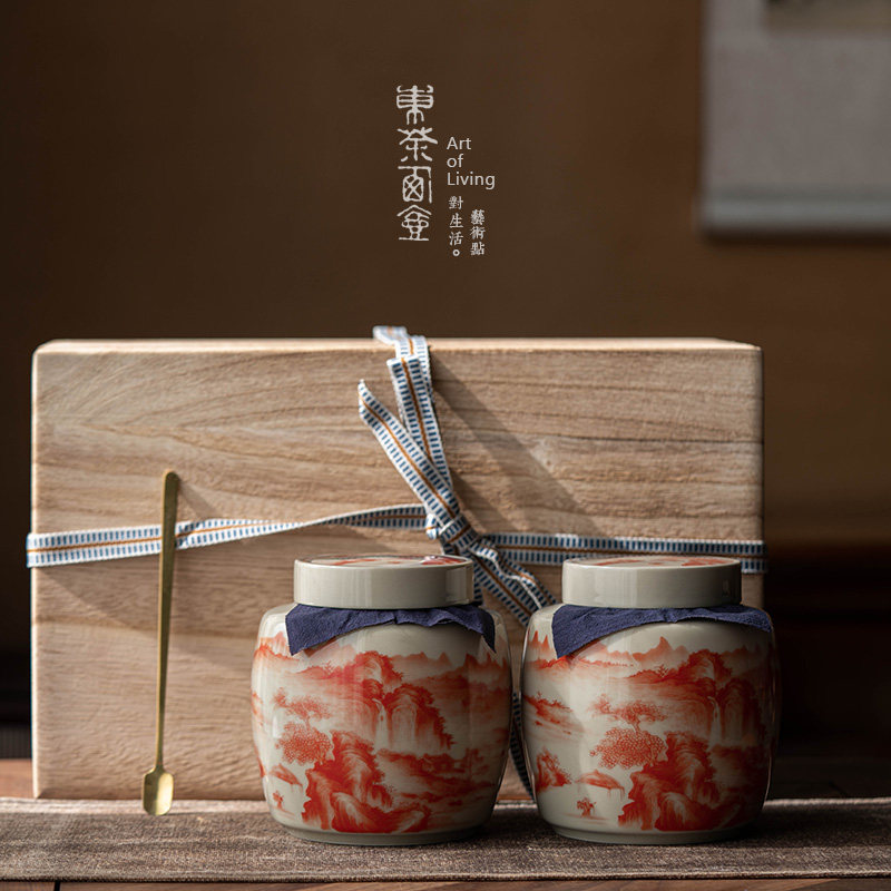 矾红茶叶罐中号陶瓷双盖密封茶罐合金盖青花茶仓茶缸木Z盒茶礼定