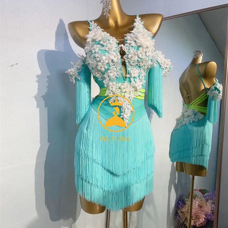 蓝色拉丁舞服练功服花服成人女儿童练习服流苏新款比赛2496