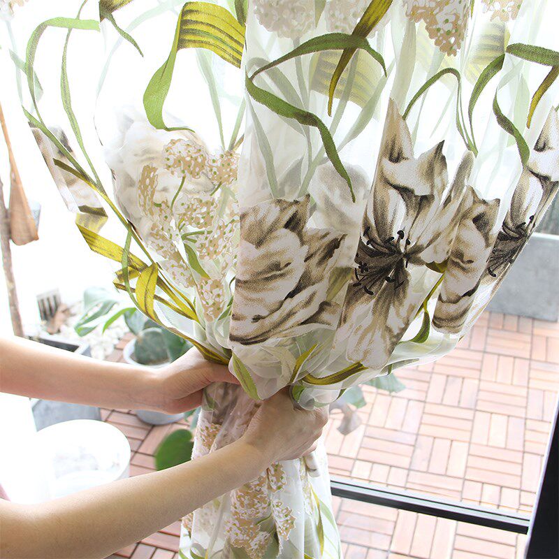 彩绘剪花纱 窗纱定制卧室窗帘纱帘美式装饰花卉植物.绿色半遮光
