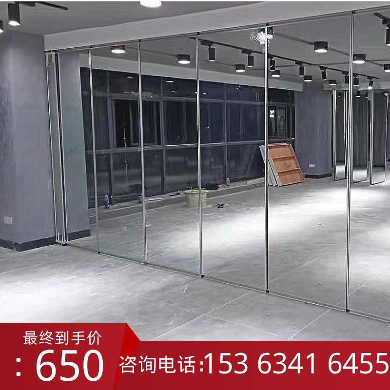 舞蹈室活动隔断吊轨移门瑜伽馆镜面玻璃移动隔断推拉Z折叠隔断墙