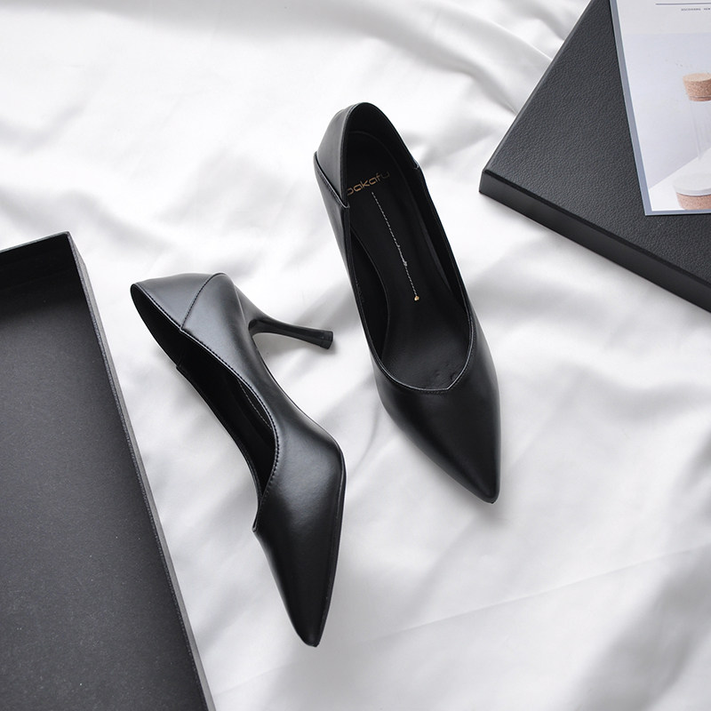 V口软皮女不磨脚黑色高跟鞋女细跟尖头7cJm哑光职业单鞋工作鞋5cm