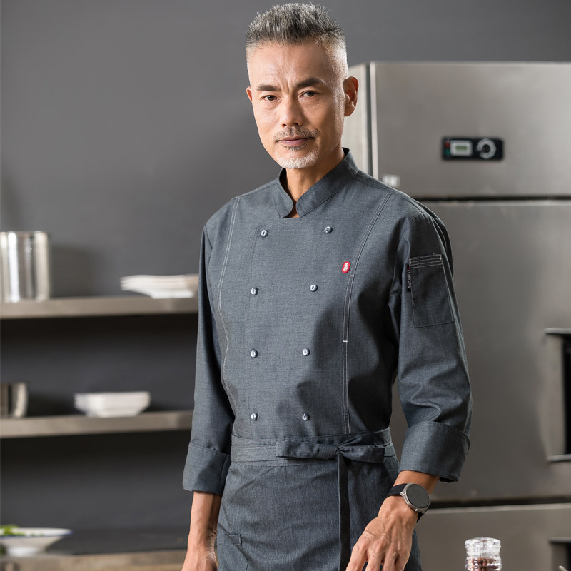 高端灰色厨师工作服长袖厨房后厨B食堂餐厅饭店工衣男女餐饮秋冬