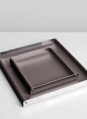 现代简约棕色灰色金属皮质方形托盘样板间售楼处客厅餐厅收纳摆件