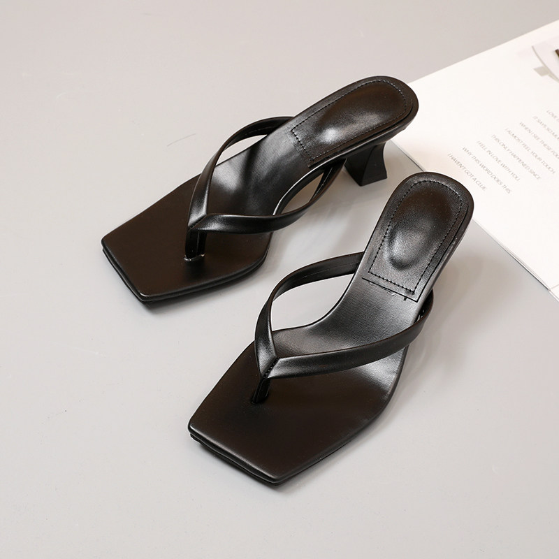 黑色夹趾凉鞋女人字拖高跟细跟夹脚外穿时尚O百搭拖鞋方头凉拖夏