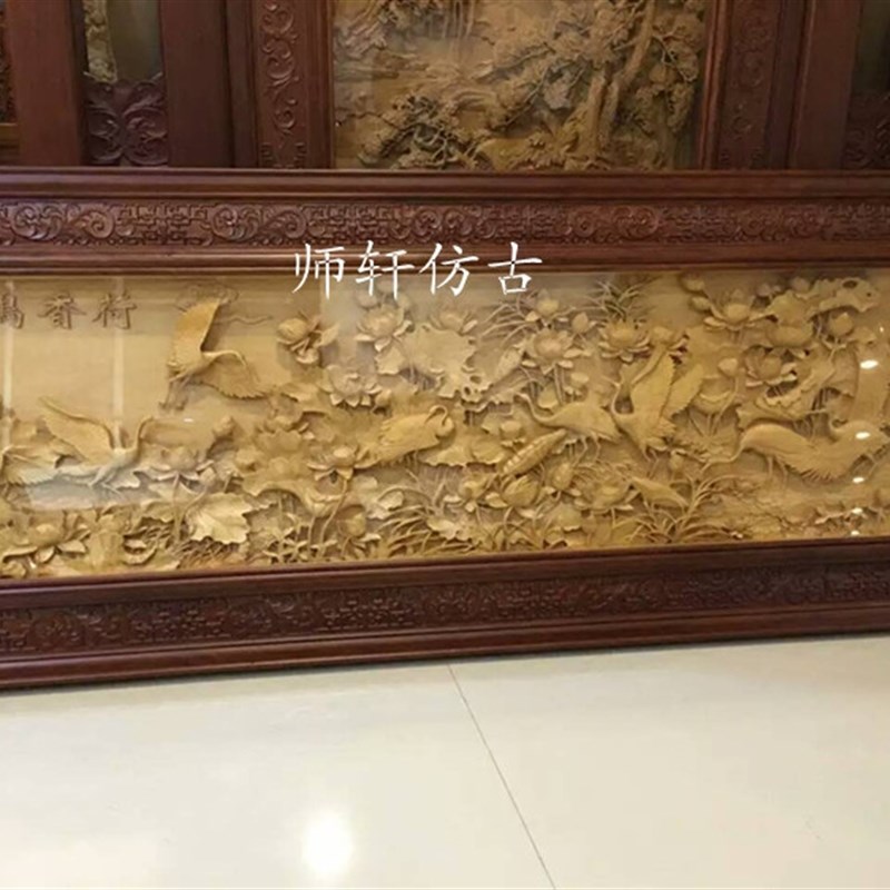 东阳木雕中式背景墙横屏挂u件挂屏椴木荷香鹤舞手工雕刻深雕定制