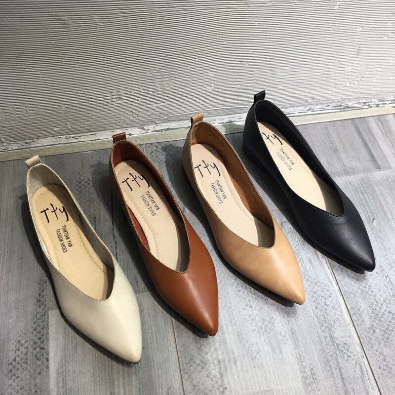 尖头软皮单d鞋女平底2021新款四季百搭韩版豆豆船鞋网红浅口工作