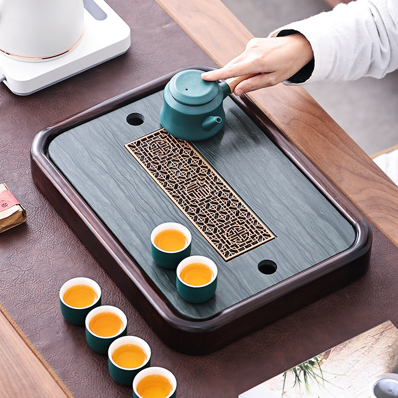简约家用长方g形实木木纹石茶盘小型储排水两人用简易迷你茶台茶