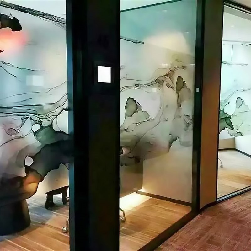 定做办公隔断屏风背景墙夹u胶玻璃夹绢丝安全夹丝钢化透抽象朦胧