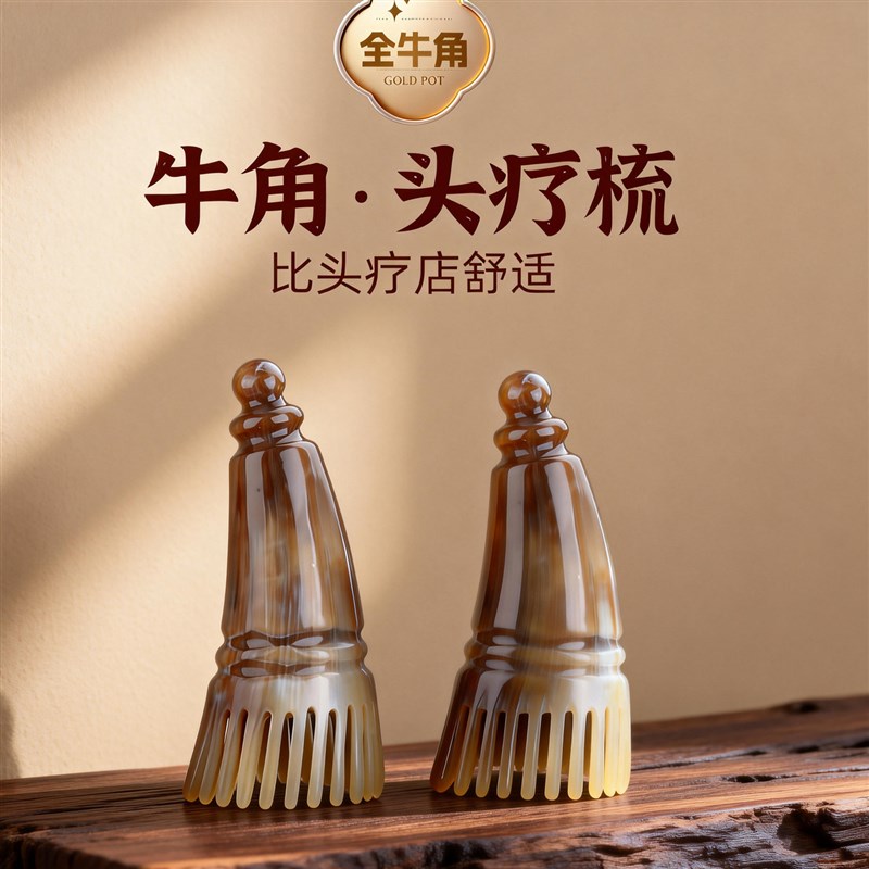 全牛角头疗梳经络按摩梳天然牛角头部护理L专用圆筒宽齿加厚洗发