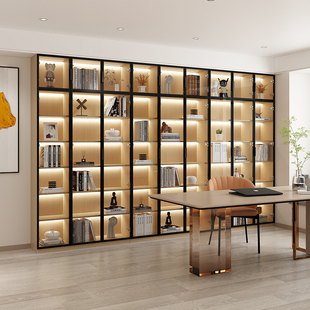 现代简约玻璃门书柜一体整墙书架置物柜实木整墙到顶储物柜展示柜