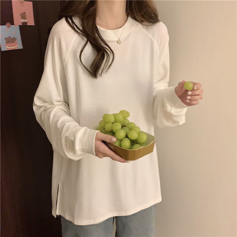 春秋纯棉白色开叉长袖打底衫T恤女小众独K特宽松体恤内搭中长款潮