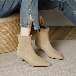 裸色绒面细跟尖头小跟3cm短靴女秋冬高跟工作加绒弹力单靴瘦瘦靴