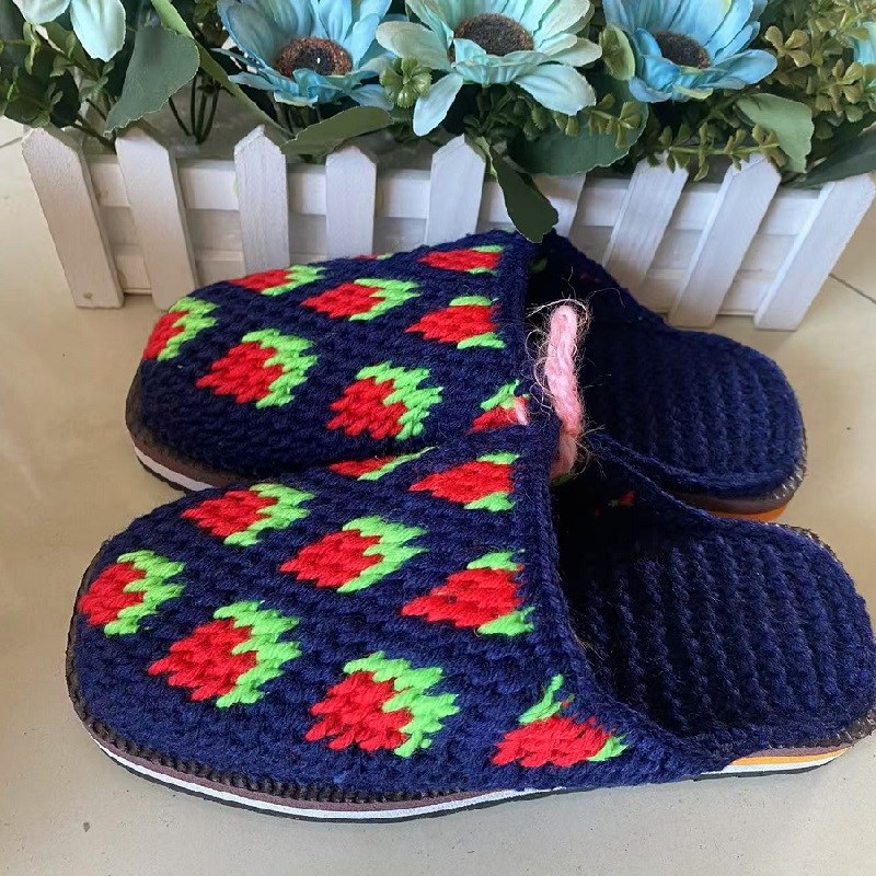 36/37码成人女手工编织居家防滑平底毛线拖鞋成品草莓成品现货冬