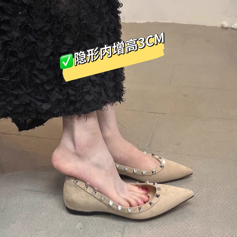 内增高尖头铆钉单鞋女鞋子春秋2025年新款夏季法式气质奶奶鞋瓢鞋