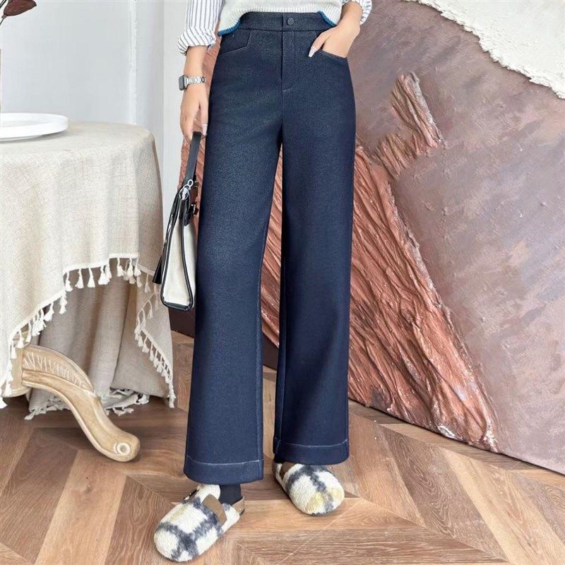牛仔直筒裤女宽松直筒2024冬季新款松紧腰显瘦加绒加厚九分阔腿裤