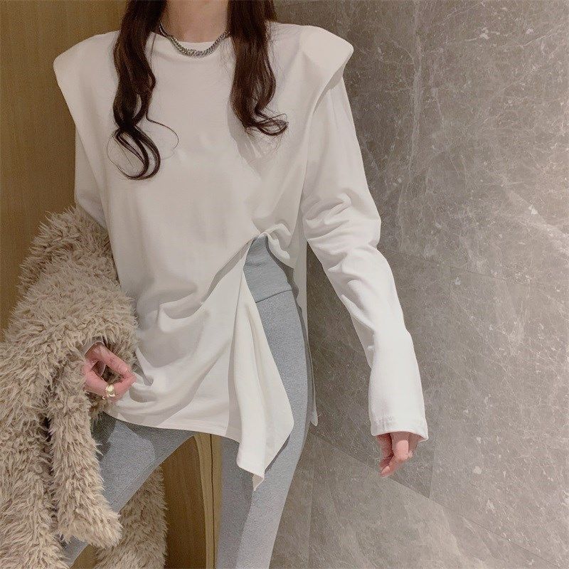 白色开叉t恤女长袖小众设计感中长款宽松纯棉不规则垫肩打底衫冬,女装/女士精品,T恤,淘宝优惠券,粉丝福利购,淘宝优惠卷