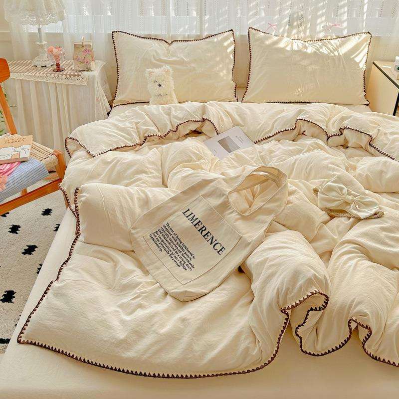 简约小清新床上四件套纤维水洗棉贝壳绣床单被套罩学生宿舍三件套