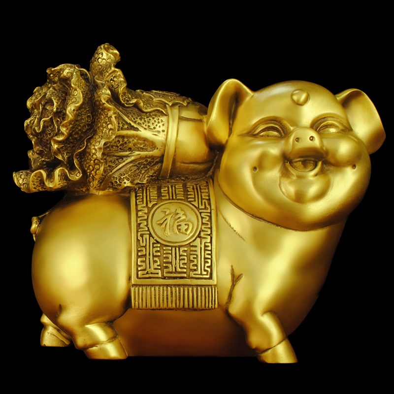 猪摆件纯铜金猪背白菜招财猪西北缺D角生肖亥猪汽车装饰品客厅装