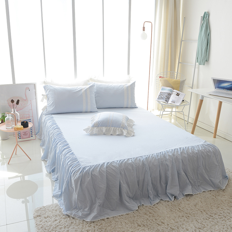 韩式ins纯色床单被套床上用品四件套100全棉纯棉简约公主风床裙款