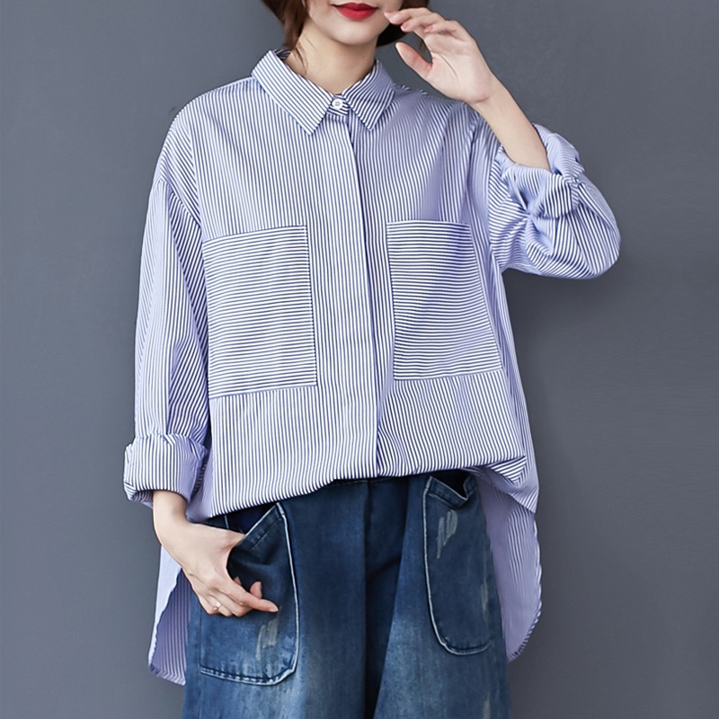 竖条纹衬衫女中长款秋季2020年新款宽松bf前短S后长设计感大码衬