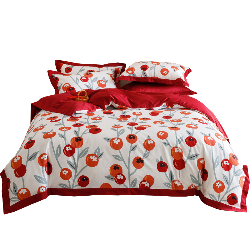 双面婚庆四件套喜柿子印花100支长绒棉2.0米红色结婚被套床单