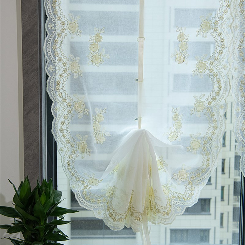 钉珠贴花美式短帘半帘 气球帘提拉帘窗帘L纱帘飘窗罗马帘升降窗帘