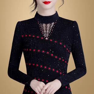 打底衫 加绒加厚半高领长0902h 女内搭网纱蕾丝洋气秋冬202B4年新款