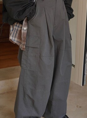 ManMans灰色街o头降落伞裤工装裤秋季新款韩版阔腿抽绳宽松长裤女