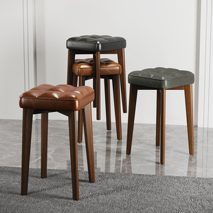 实木凳子家用现代k简约圆板凳胡桃色餐桌木头方凳软包可叠放小椅