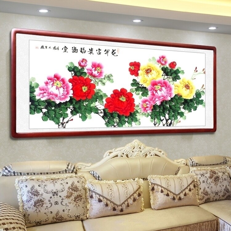 客厅装饰国画牡丹画手绘洛阳花鸟C四尺横幅花开富贵卷轴挂画已装