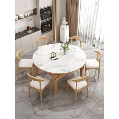 岩板实木餐桌家用小户型饭桌带电磁炉可变圆桌方圆两用可伸缩桌子