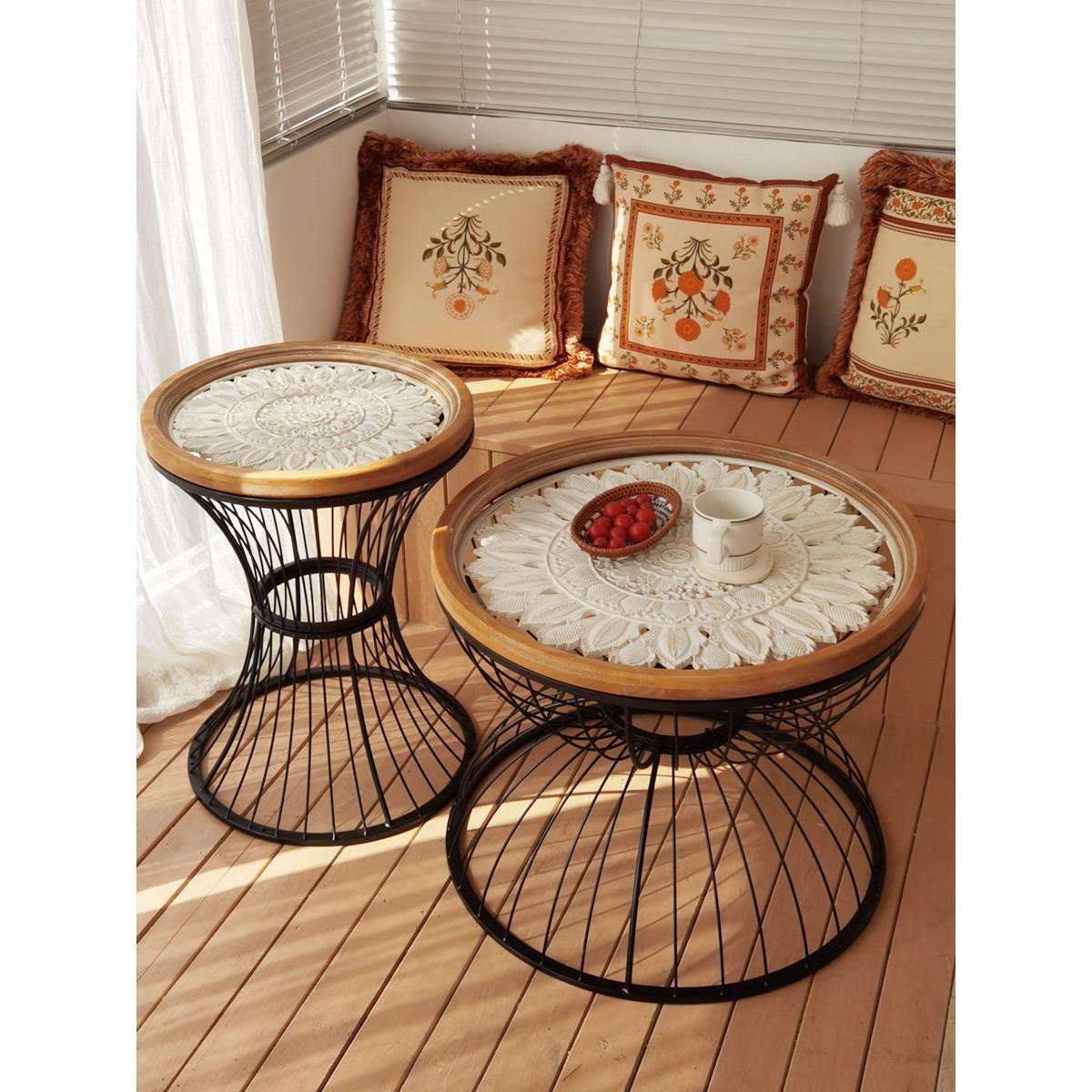 美式乡村客厅沙发边几铁艺角几实木雕花复古圆形桌子小茶几咖啡桌