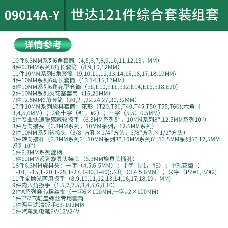 世达121件套汽修工具套装汽车维修组套120+1件套筒扳手A09014A-Y