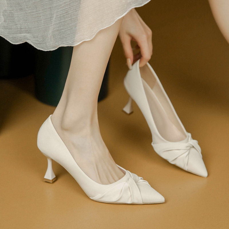 米白色高跟鞋女细跟7厘米主持礼仪工鞋5公分小跟S尖头浅口黑色单