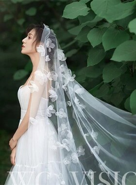 新娘立体花瓣头纱旅拍清新素纱婚礼配饰影楼拍摄道具白色花朵头纱