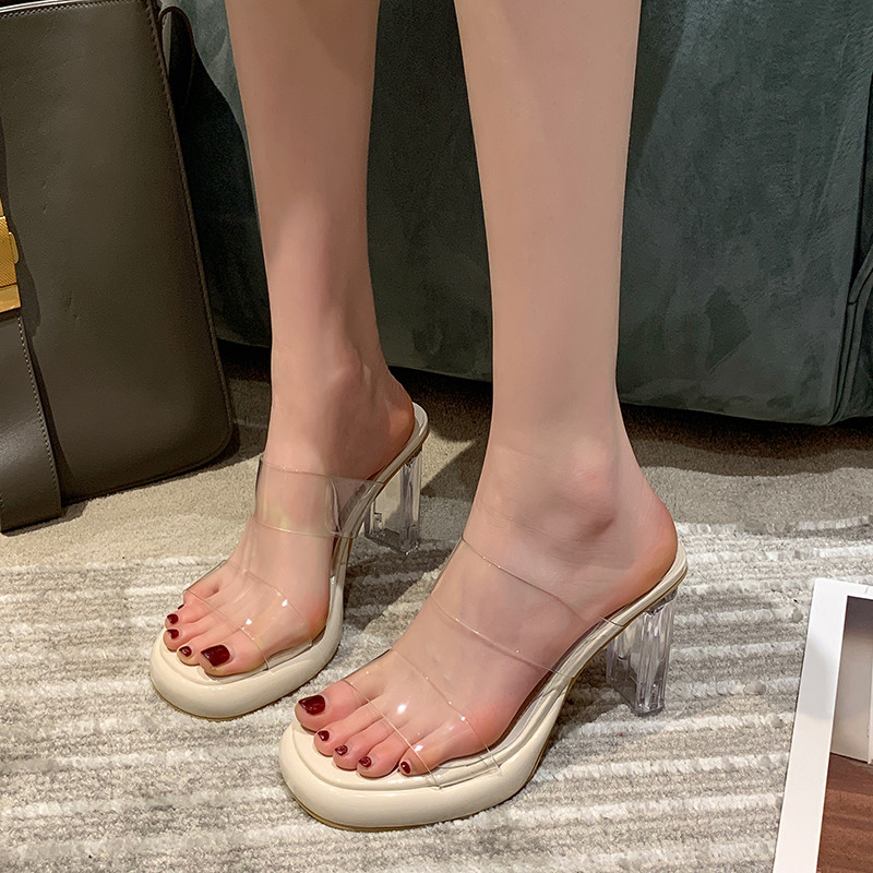 透明水晶粗跟气质法式高跟凉鞋半拖鞋女夏季外穿2024新款凉拖鞋女