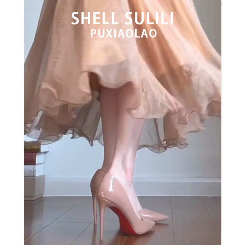 裸色高跟鞋女2025春夏季显瘦气质红底小众漆皮侧空单鞋细跟尖头鞋