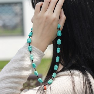 罗老丝湖北十堰天然原矿高瓷绿松石手工雕刻十八罗汉手串把件