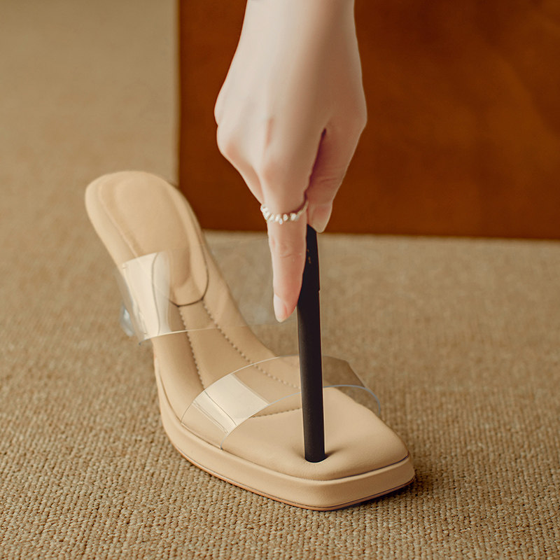 踩屎感凉拖鞋女夏外穿粗跟厚底软底透明水晶高跟鞋法式晚晚风凉鞋