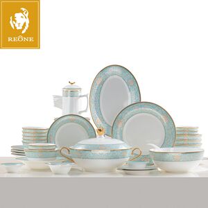 雷澳娜骨瓷餐具碗碟套装家用欧式金边碗盘结婚礼品金域蓝湾