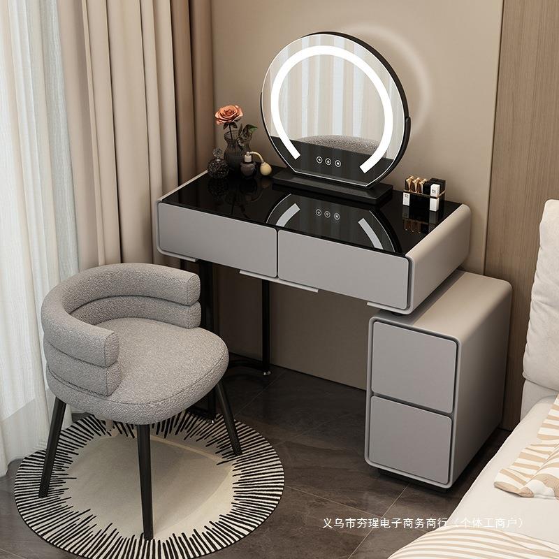 小户型卧室岩板梳妆台60CM现代简约奶油风主卧玻璃斗柜一体化妆桌
