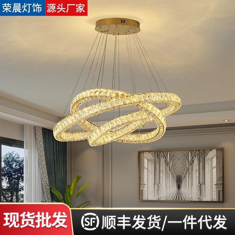 客厅灯别墅跳空灯具复式楼大吊灯圆环多层水晶吊灯轻奢商用吊线灯