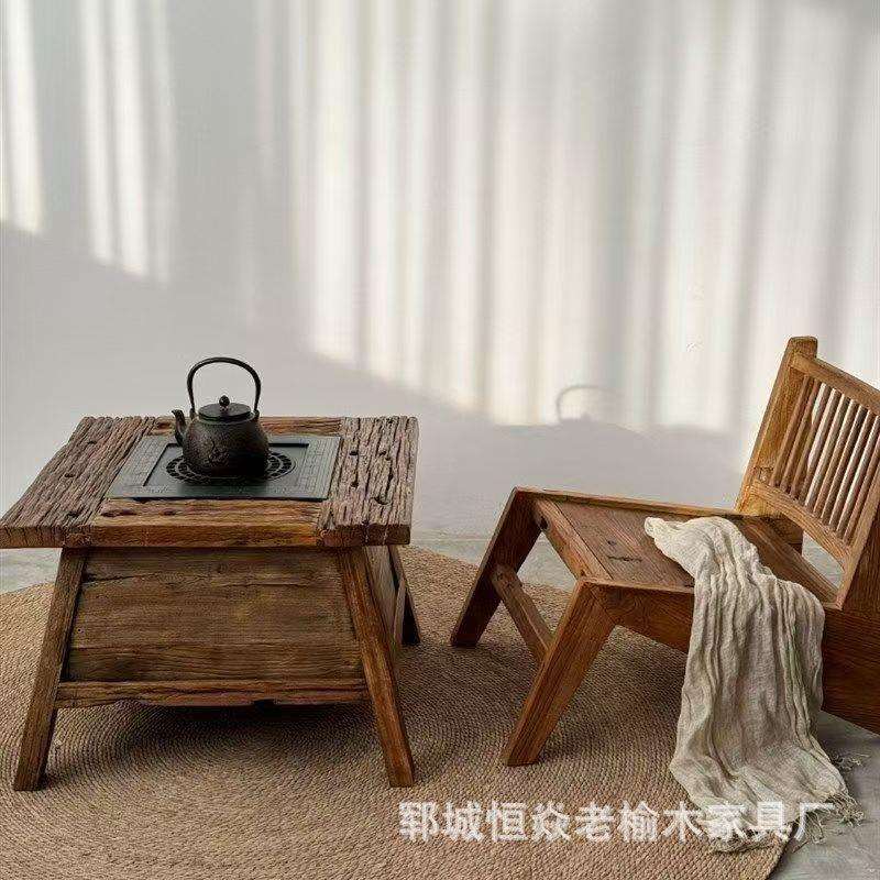 实木围炉煮茶火塘小方桌榆木茶台家用阳台民宿原木茶几茶椅茶桌